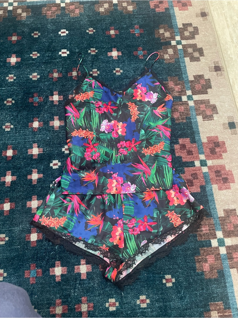 Victoria's Secret Black Tropical Floral Lace-Trim Cami Short Set